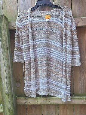 Ruby Rd. Striped Open-Front Cardigan in Brown and Cream
